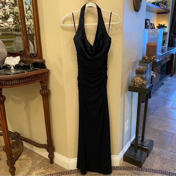Vtg LAUNDRY Women Black Halter Y2K Maxi Ruched Party Dress Size 6-Made in USA - Picture 1 of 10
